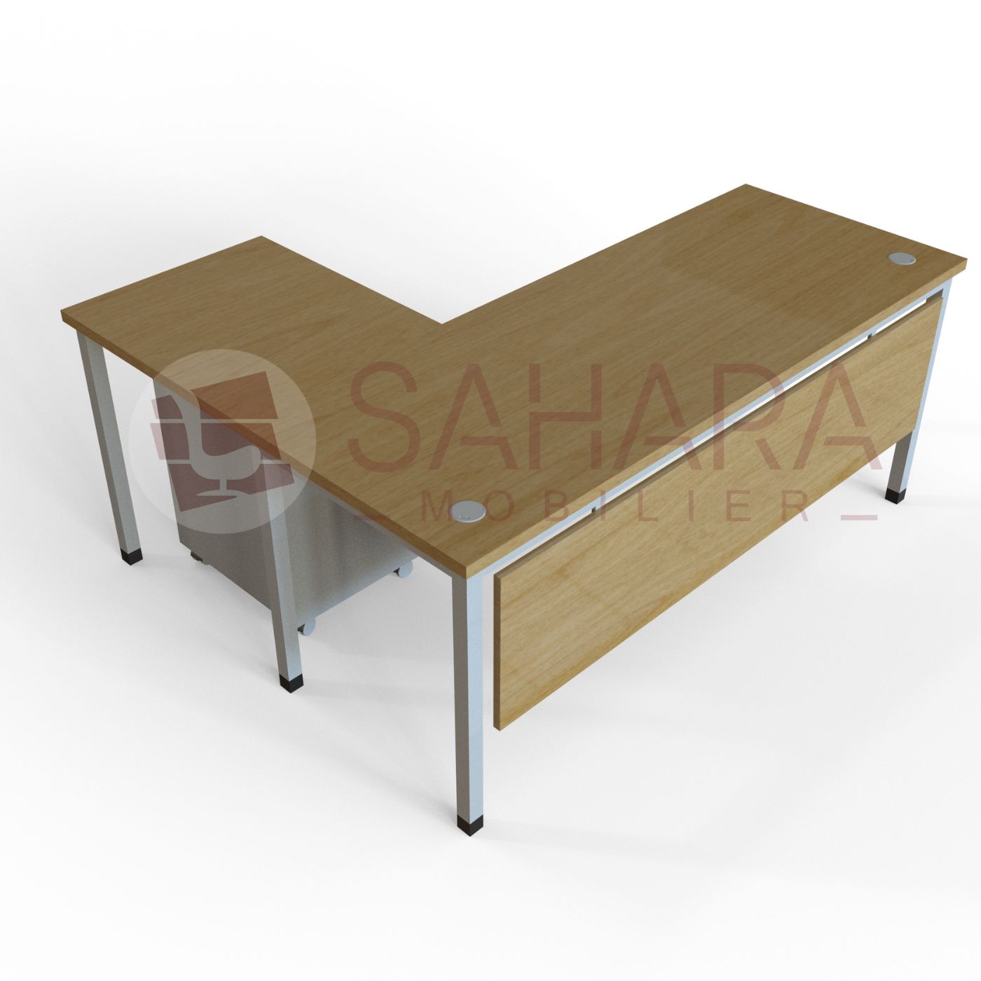 bureau de direction avec retour et voile de fond en bois fixé sur le fond de bureau. Les piétement tube carré en métal.